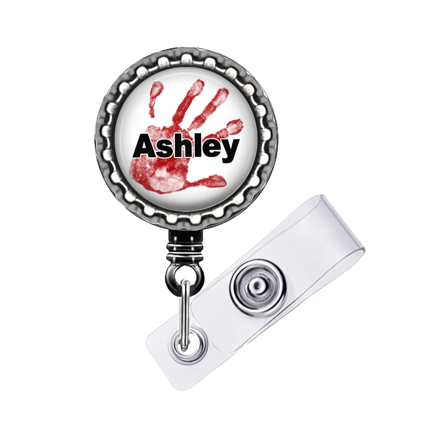 A badge holder with a handprint design and the name "Ashley" printed on it.