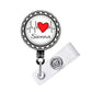 A badge holder with a heart symbol and the name "Sienna" printed on it.