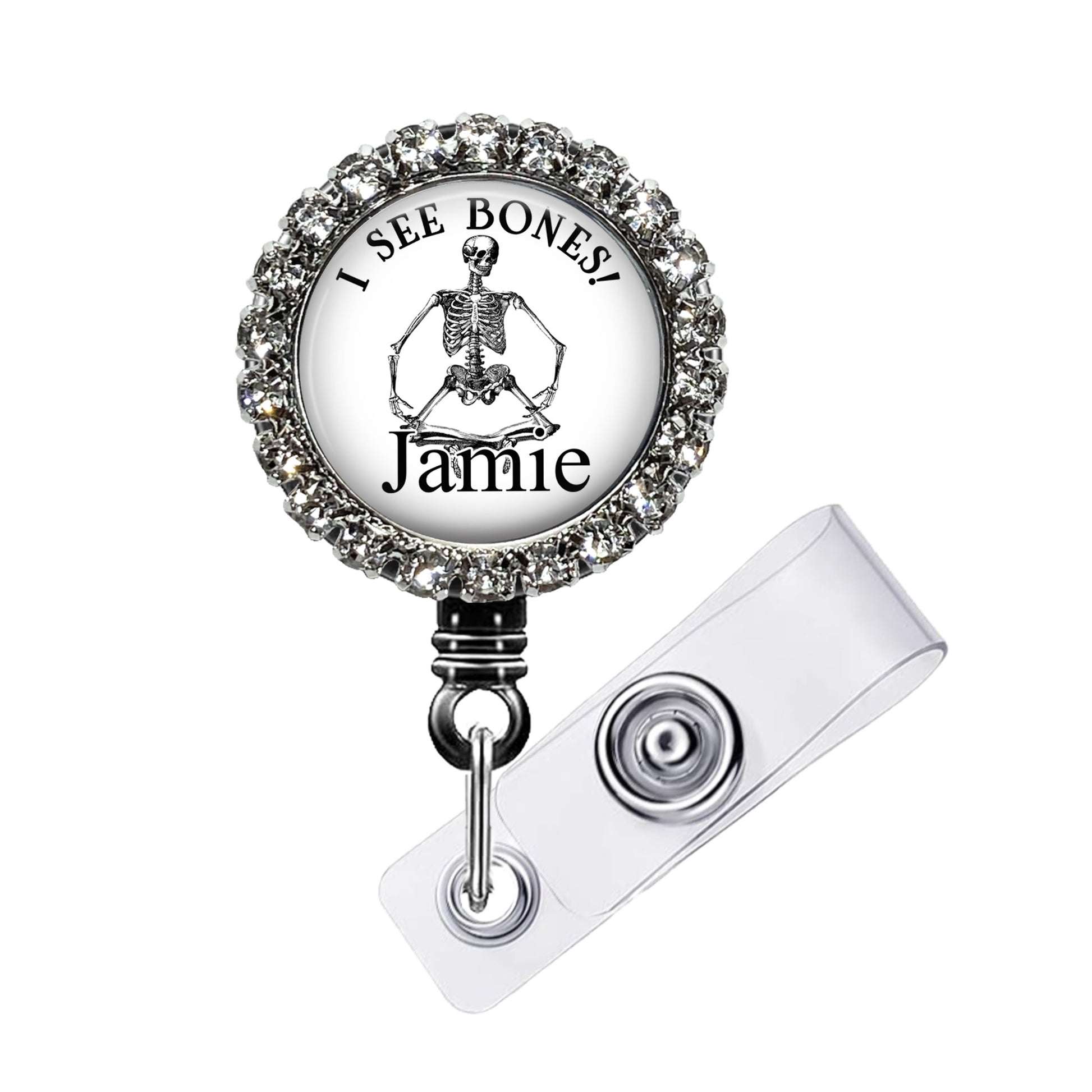 A personalized name badge with a skeleton image and the text "I SEE BONES! Jamie" on it.