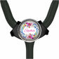 A black stethoscope with a personalized name badge on it.