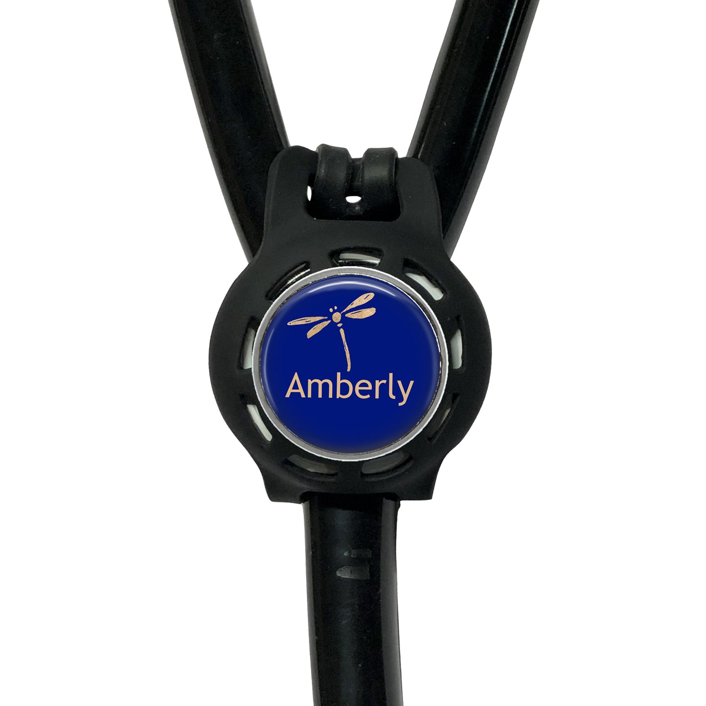 A black stethoscope with a blue circular badge on the handle, displaying the word "Amberly".
