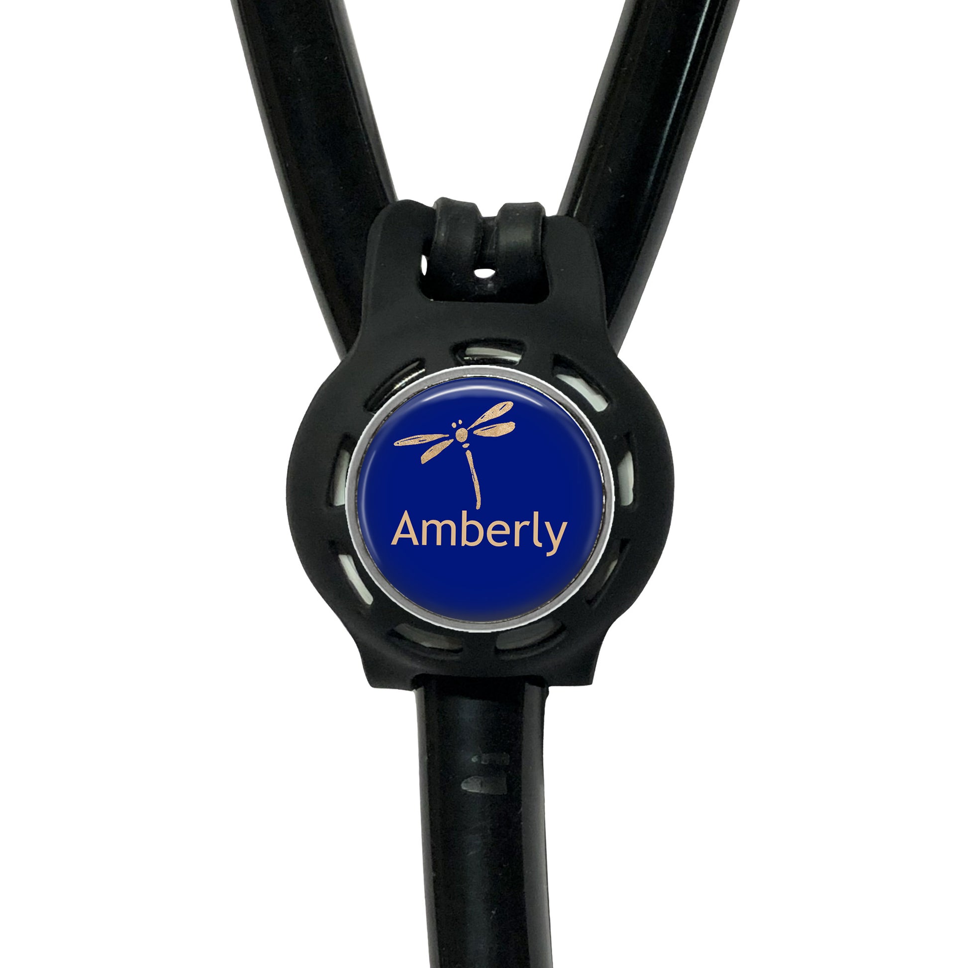 A black stethoscope with a blue circular badge on the handle, displaying the word "Amberly".