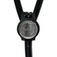 A black stethoscope with a silver circular badge on the handle.