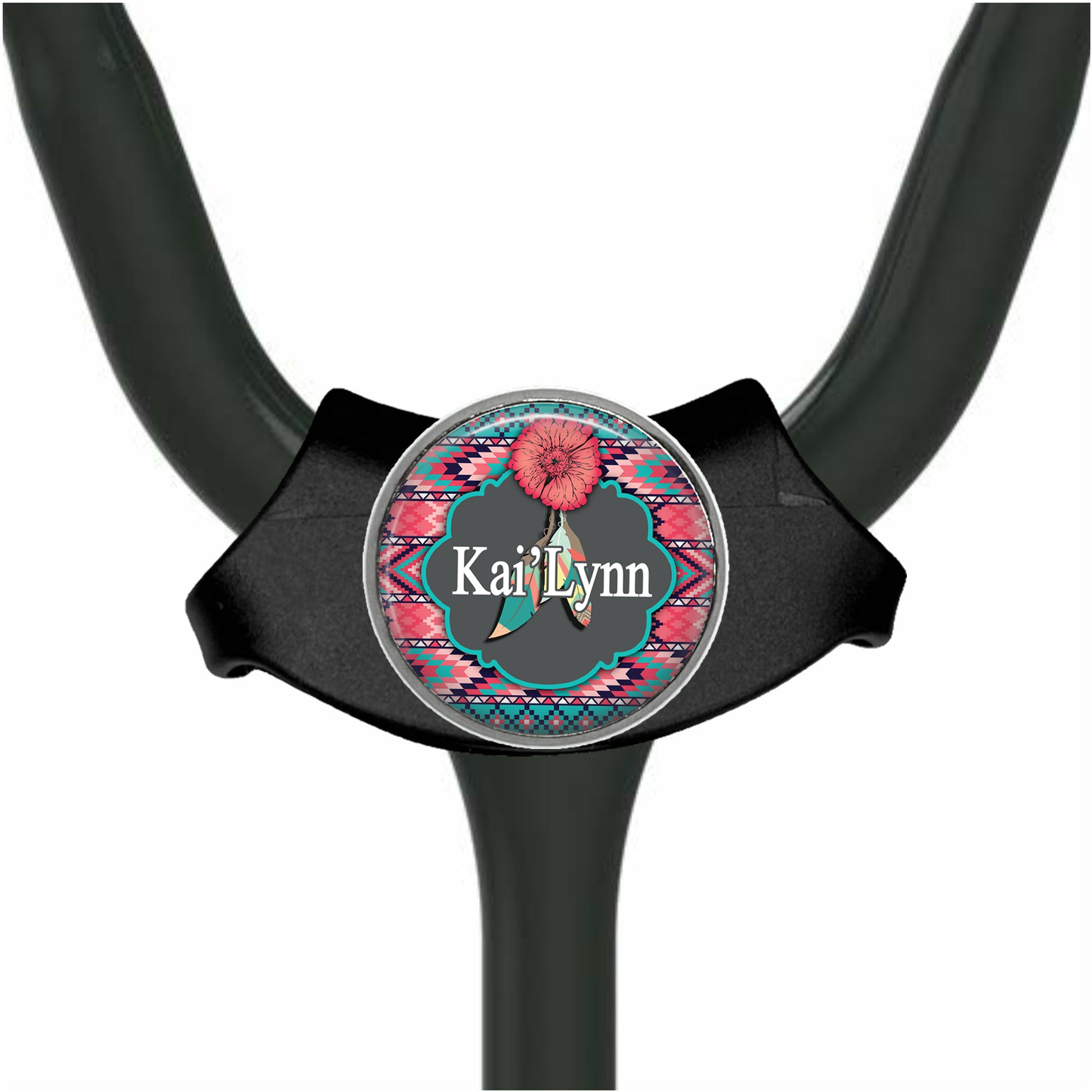 A black stethoscope with a colorful, patterned design on the handle.