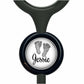 A black stethoscope with a round black button featuring a white image of a baby's foot and the name " Jessie" written below it.