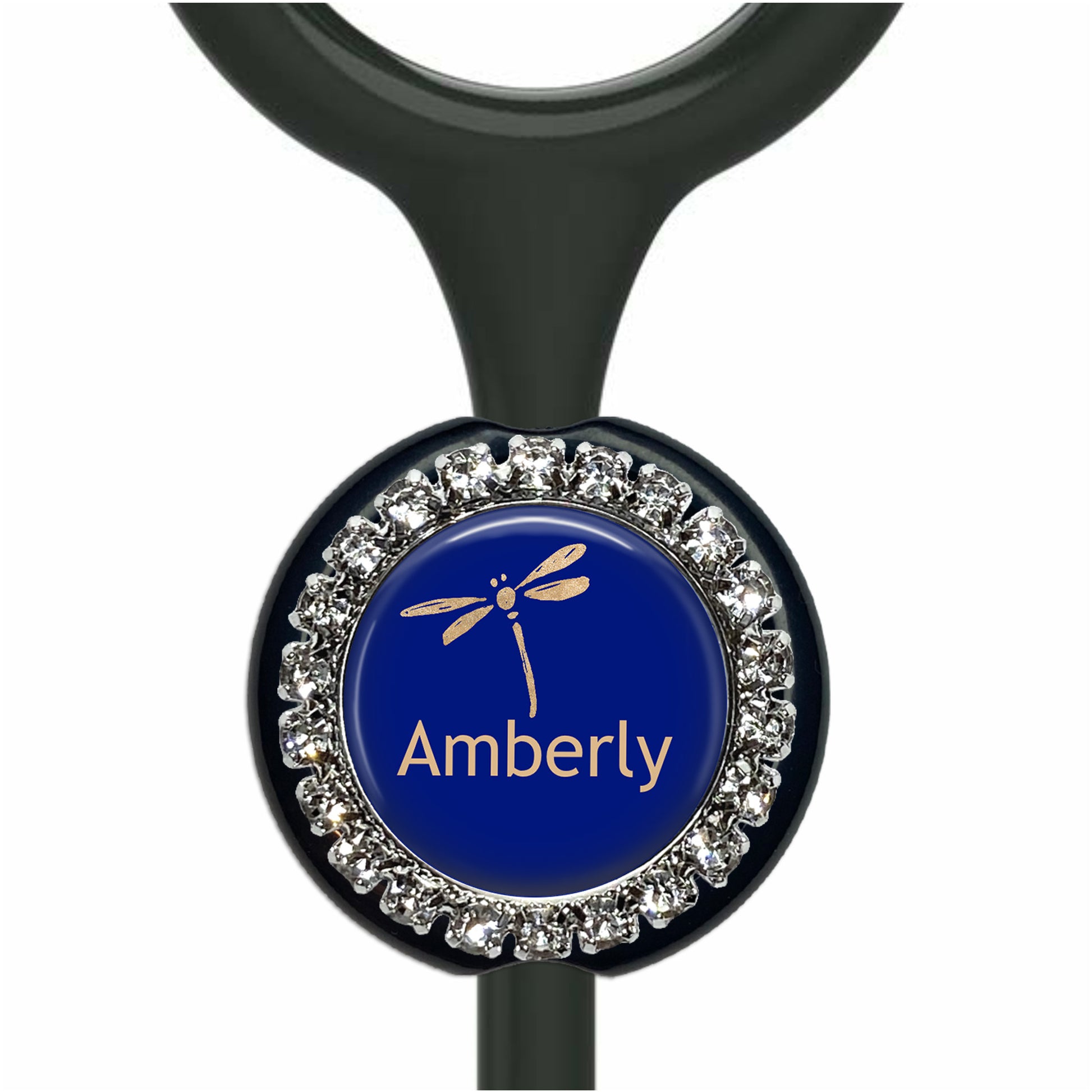 A blue and silver medical device with a personalized name badge.