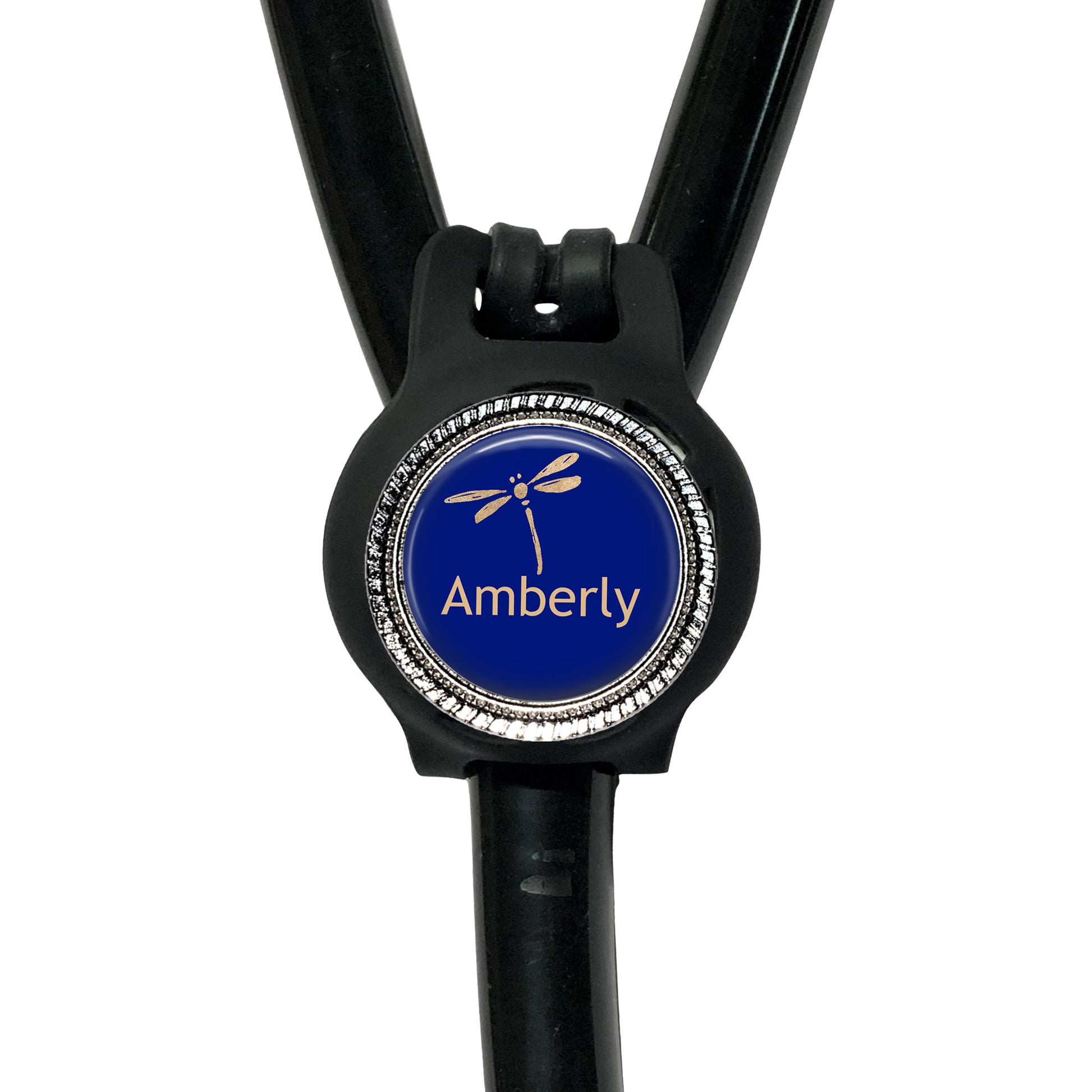 A black stethoscope with a blue and gold circular badge that says "Amberly".