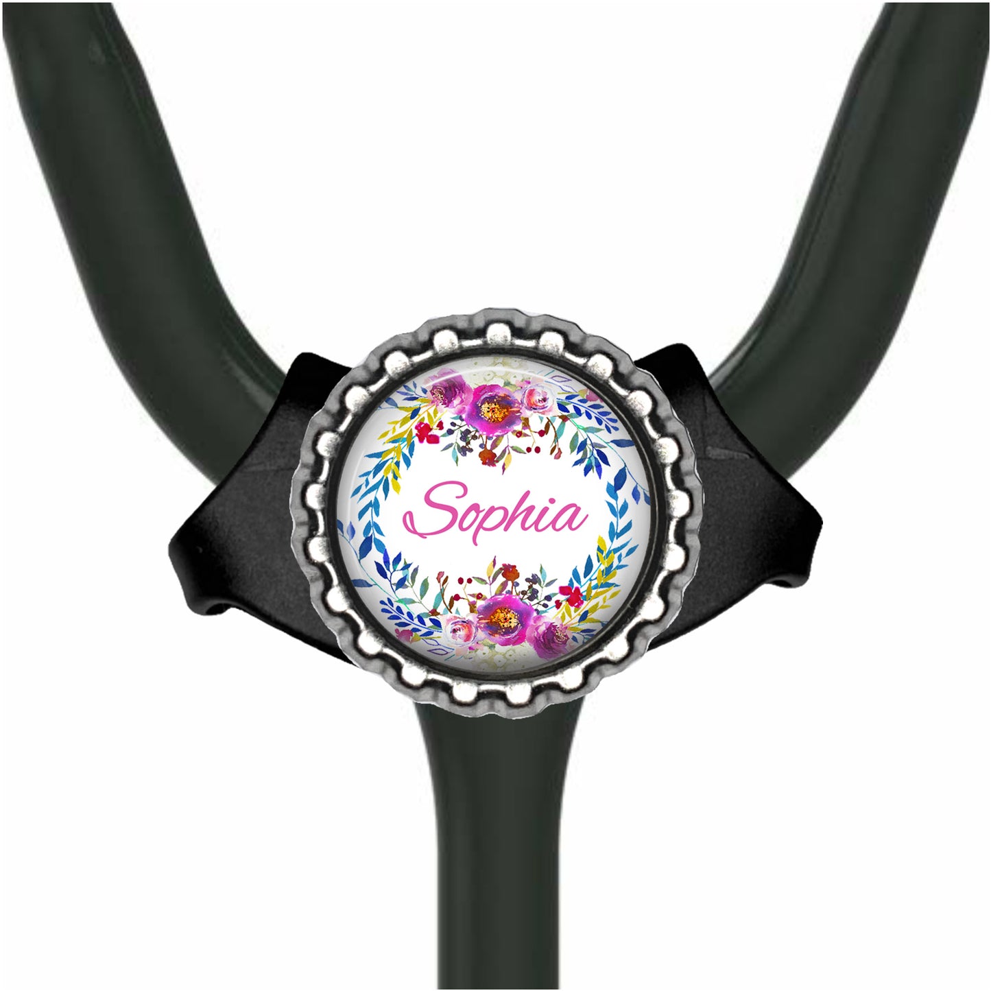 A black stethoscope with a round, personalized nameplate attached to it.
