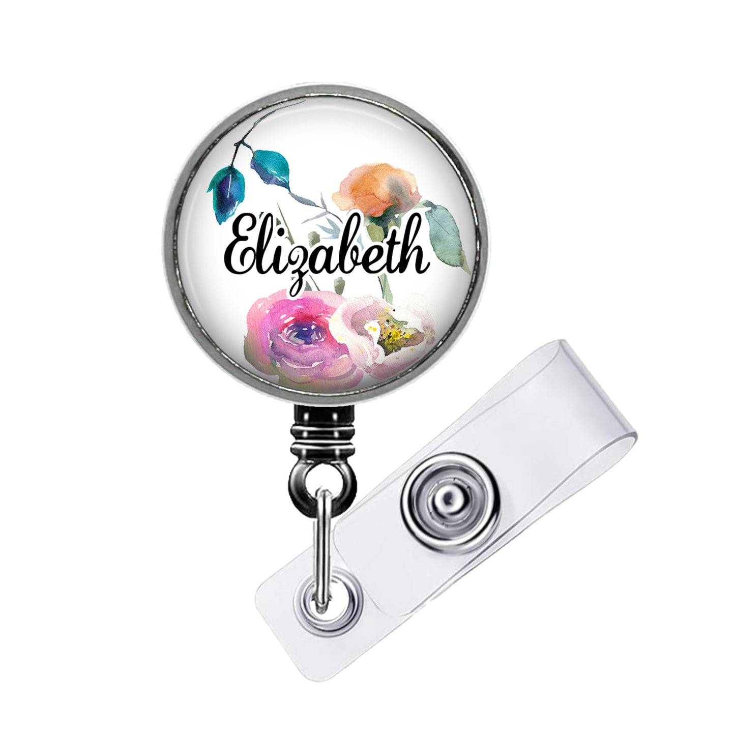 A round badge holder with a floral design and the name "Eliza" printed on it.