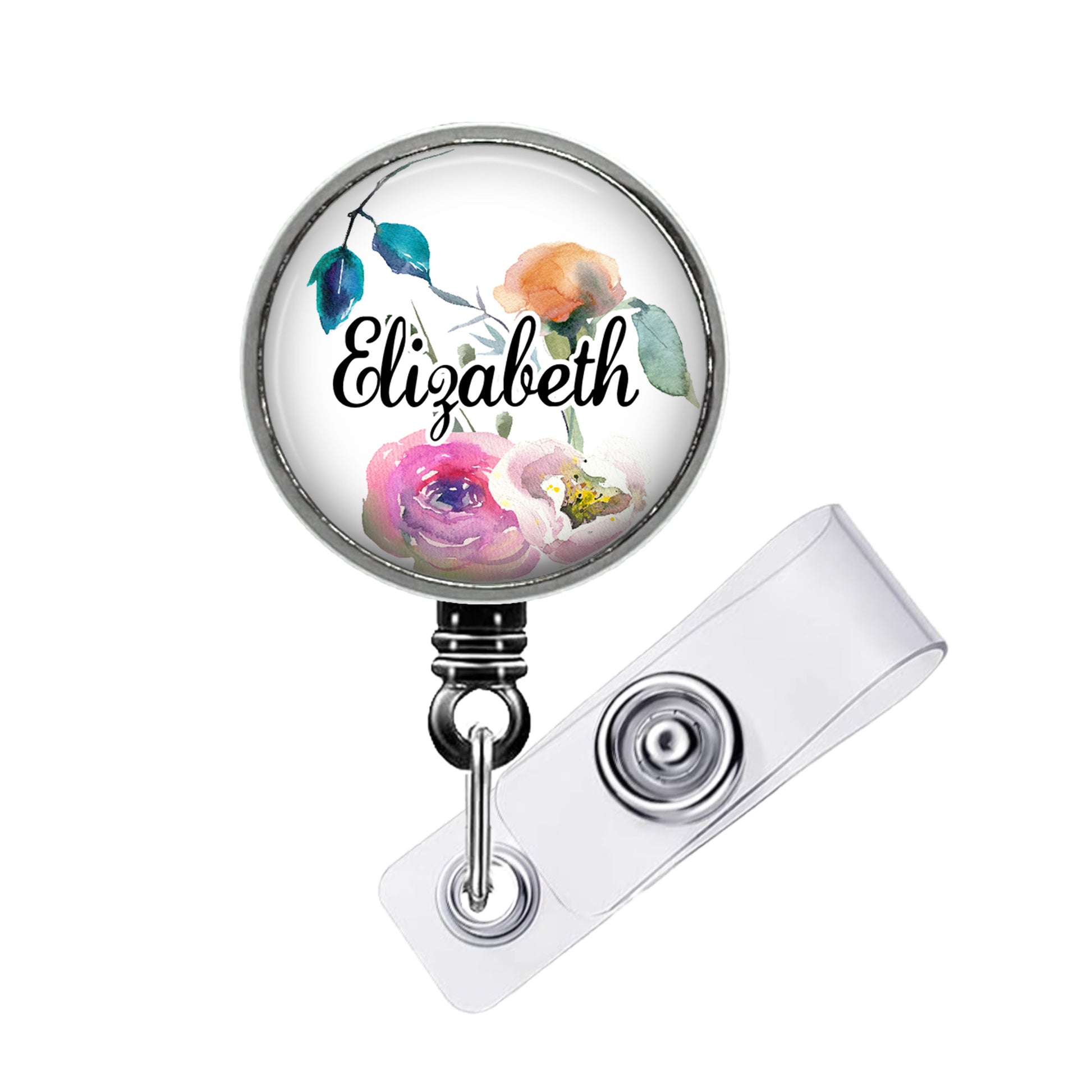 A round badge holder with a floral design and the name "Eliza" printed on it.