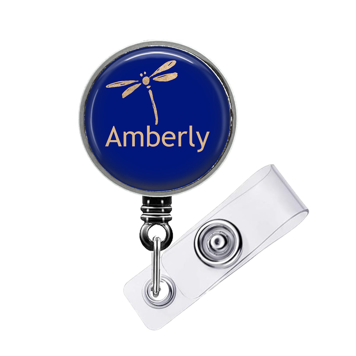 A blue badge with a dragonfly design and the word "Amberly" printed on it.