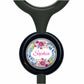 A black stethoscope with a round, floral-designed nameplate that says "Sophia".