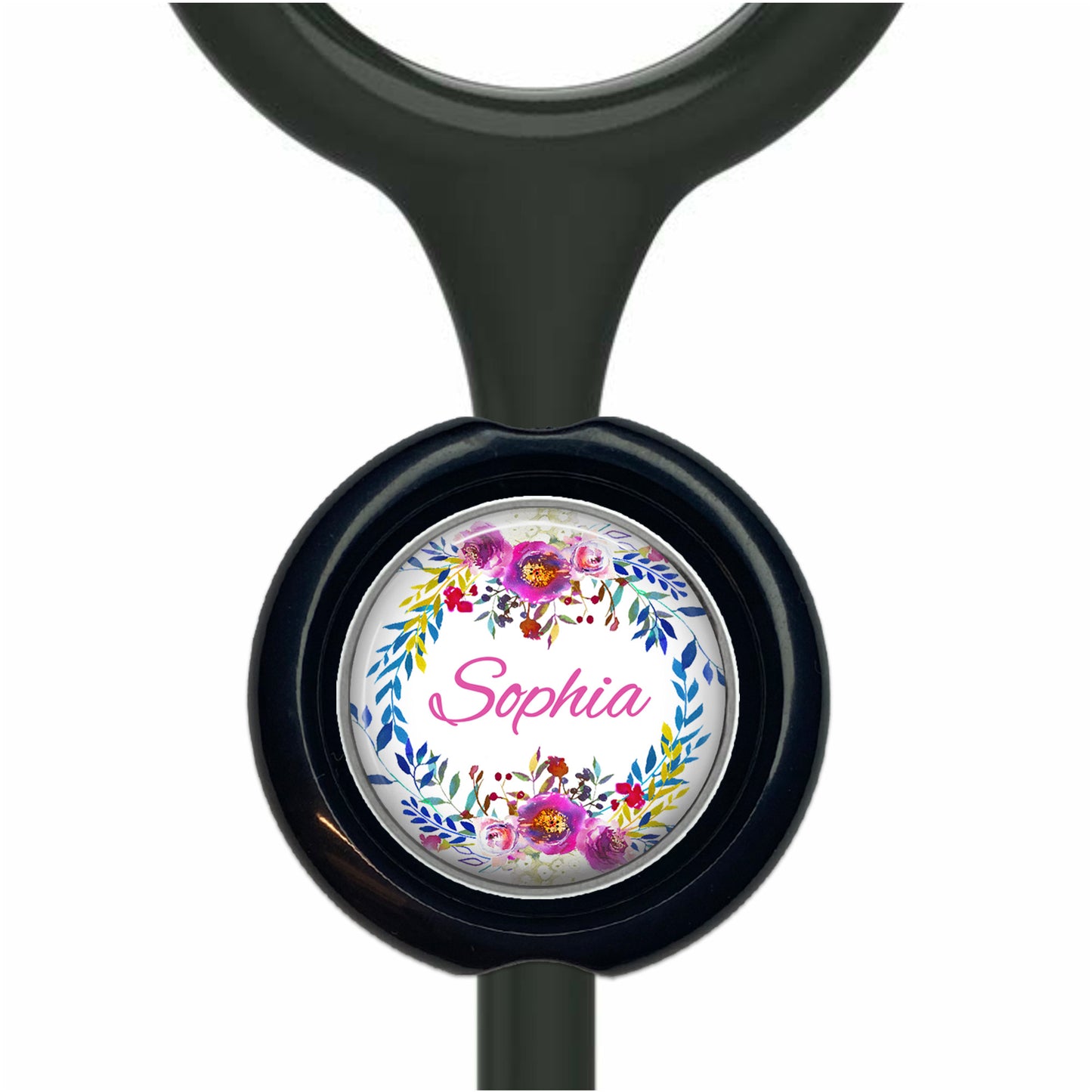 A black stethoscope with a round, floral-designed nameplate that says "Sophia".