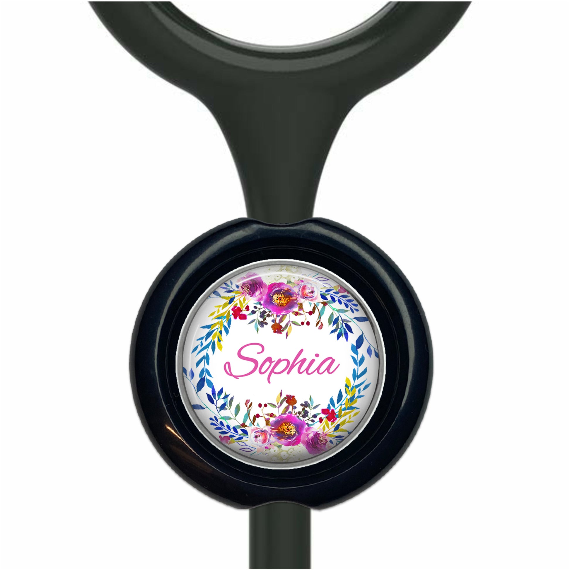 A black stethoscope with a round, floral-designed nameplate that says "Sophia".