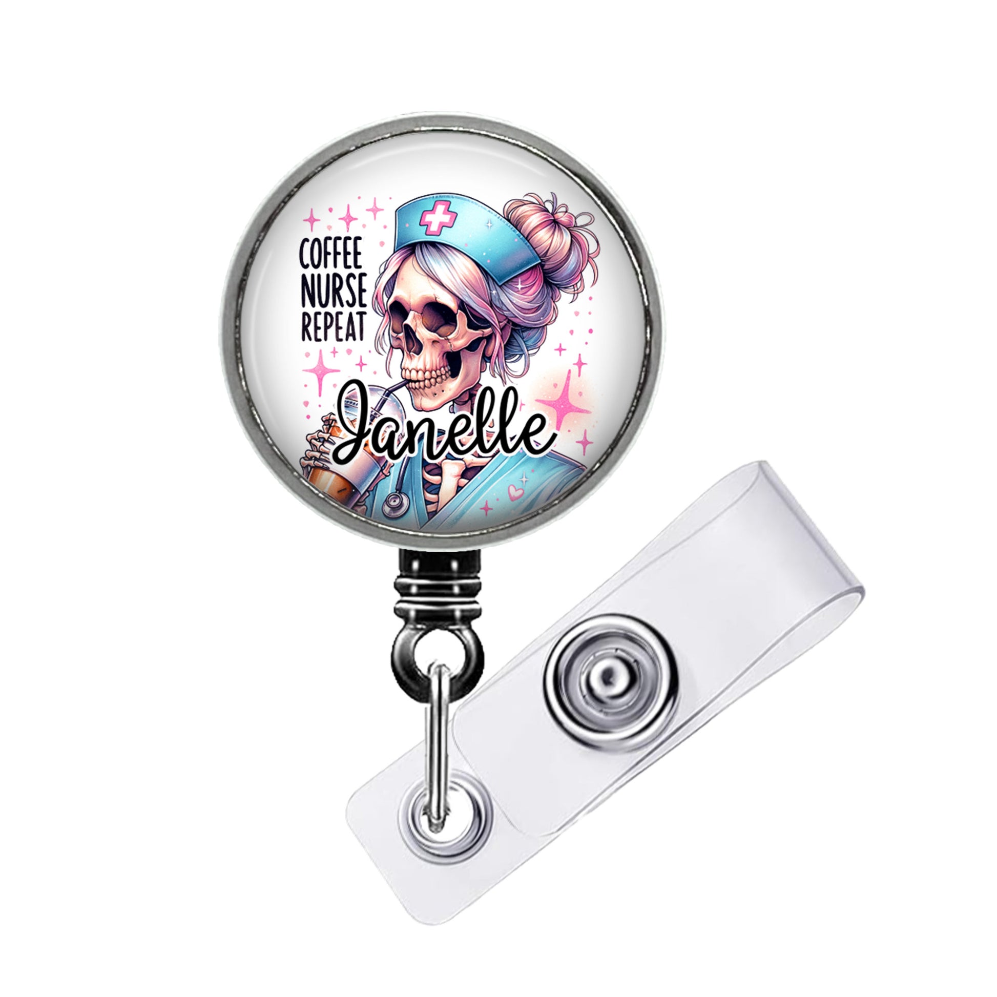 A round badge with a cartoon illustration of a nurse wearing a blue cap and a skull with a cross, along with the text "Coffee Nurse Repeat".
