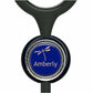 A blue circular badge with a gold dragonfly design, featuring the name "Amberly" written on it.