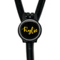A black stethoscope with a round black button on the handle, displaying the name " Kylie" in yellow cursive font.