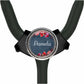 A black adjustable bracelet with a silver and blue floral design on the front.