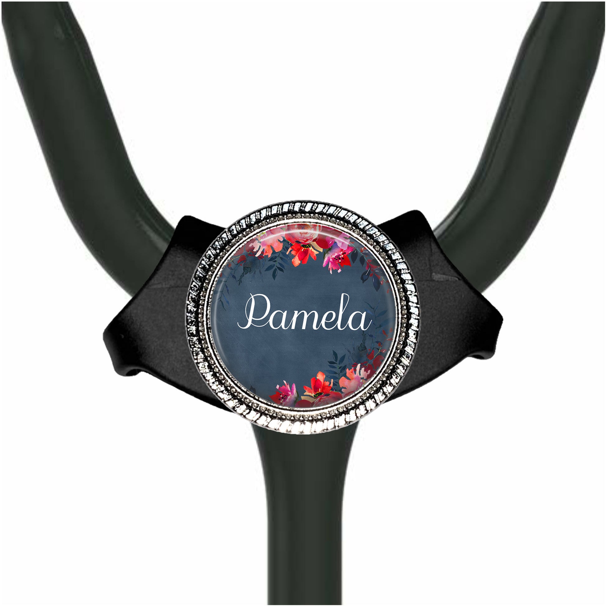 A black adjustable bracelet with a silver and blue floral design on the front.