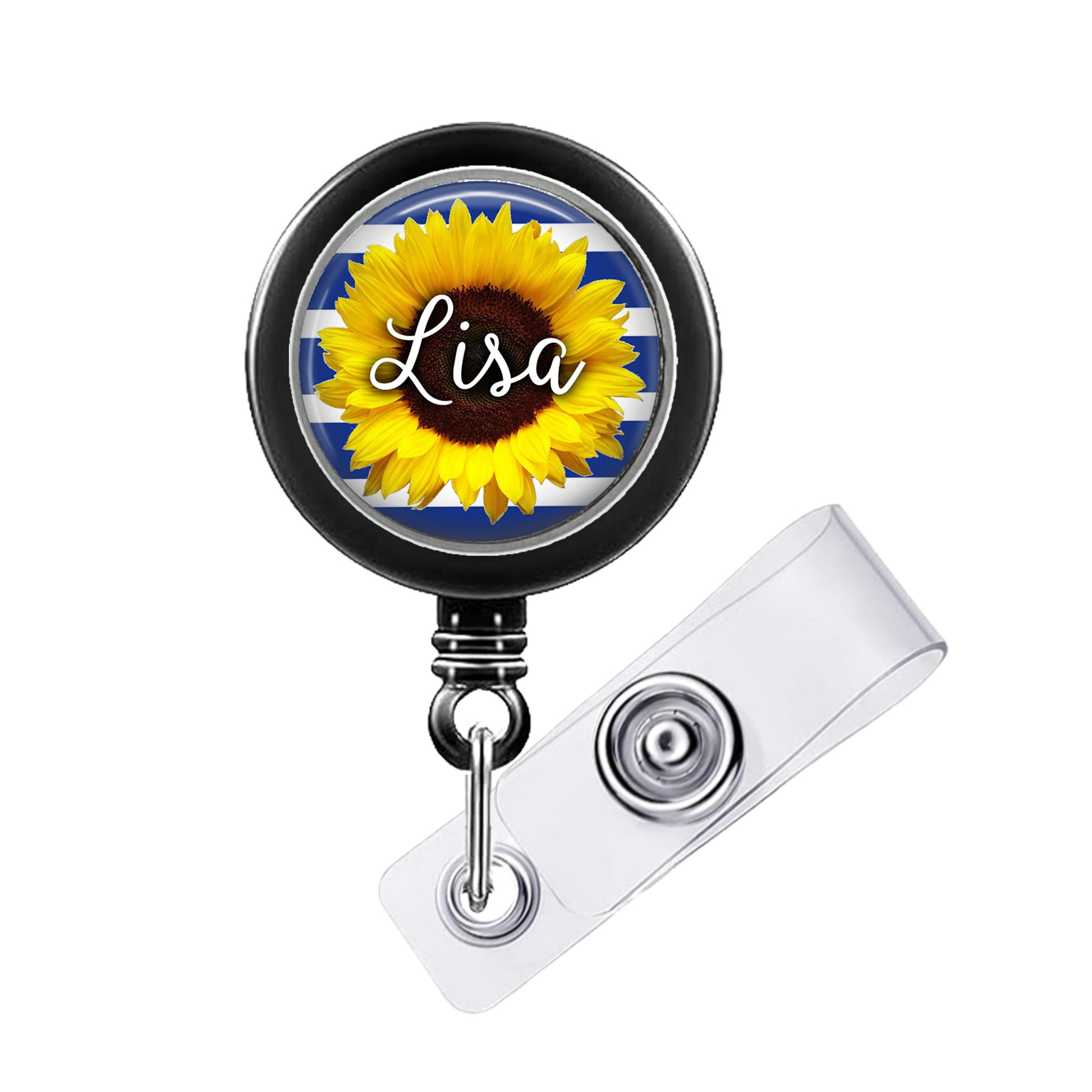 A black badge holder with a round frame featuring a yellow sunflower and the name "Lisa" written on it.
