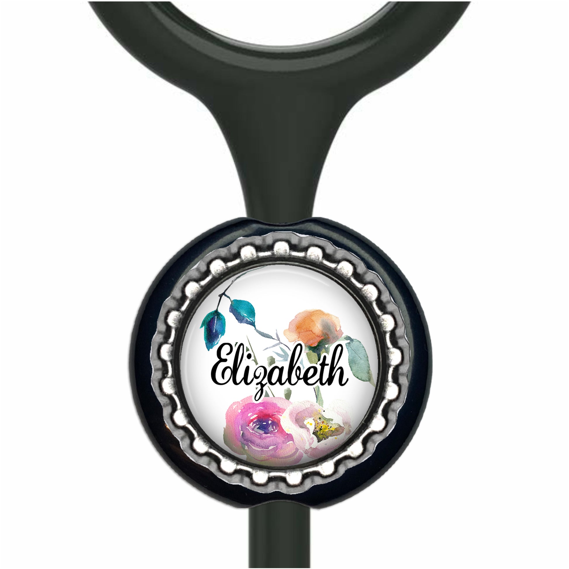 A personalized nameplate with a floral design, featuring the name 'Eliza' on it.