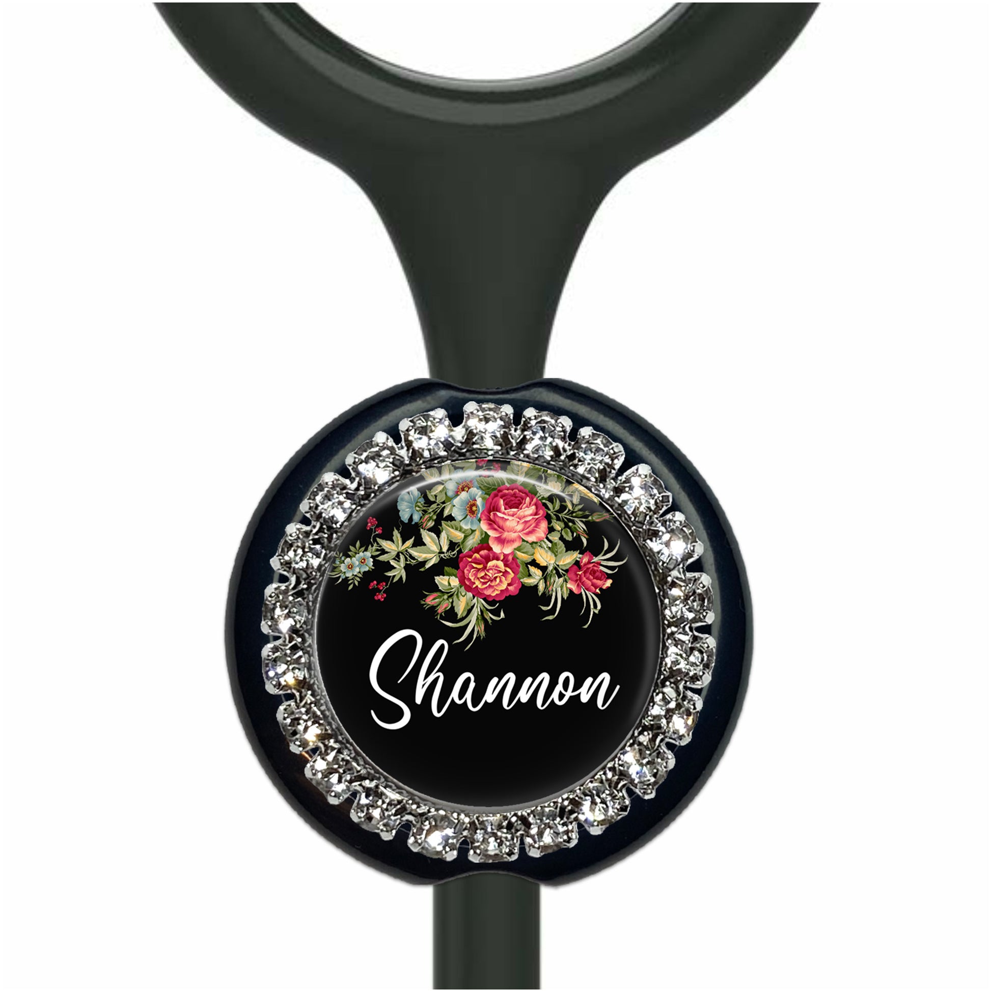 A black and silver medical device with a floral design and the name "Shannon" written on it.