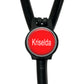 A red circular badge with the name "Krisela" written on it, attached to a black stethoscope.