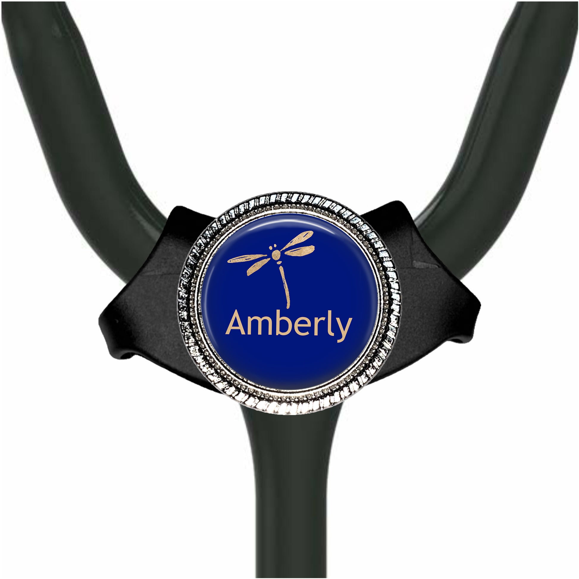A stethoscope with a personalized name badge on it.