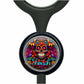 A black stethoscope with a colorful, circular design featuring a skull and floral patterns.