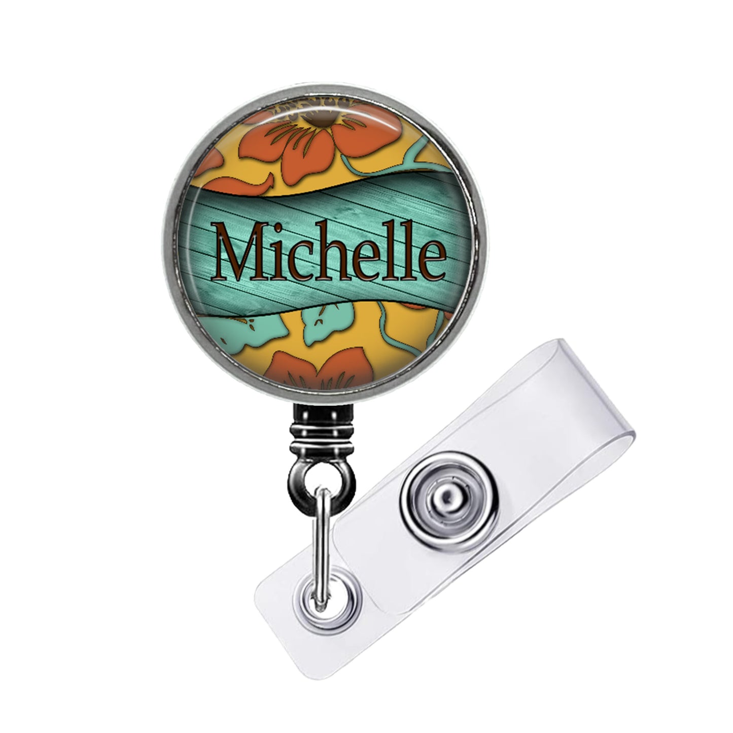 A round badge holder with a floral design and the name "Michelle" printed on it.