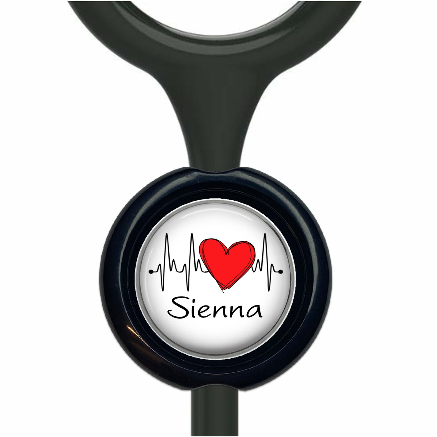 A black stethoscope with a round badge featuring a red heart and the word "Sienna" written on it.