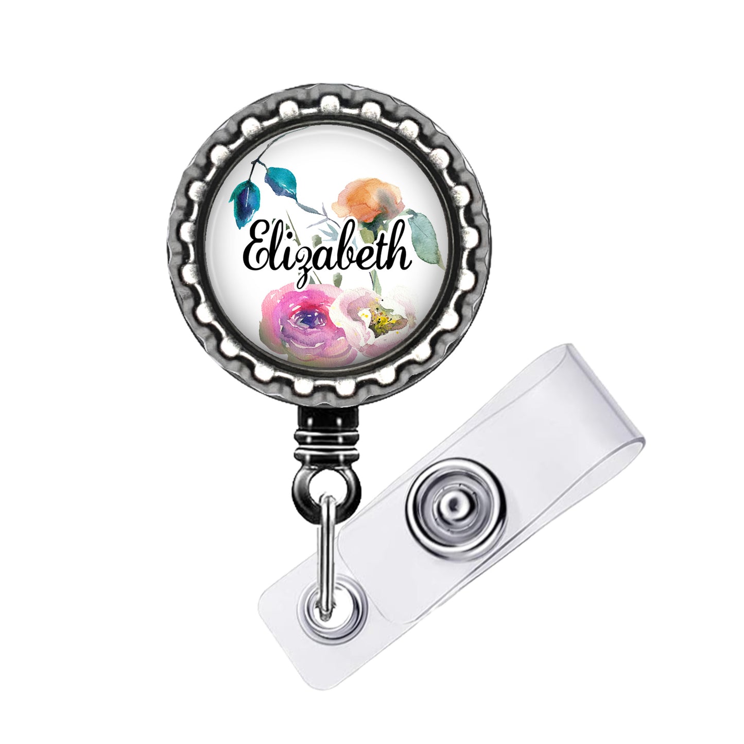A personalized name badge with a floral design and the name "Eliza" written on it.