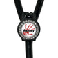 A black stethoscope with a personalized nameplate attached to it. The nameplate features a red handprint and the name "Ashley".