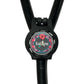 A black stethoscope with a personalized name badge attached to it.