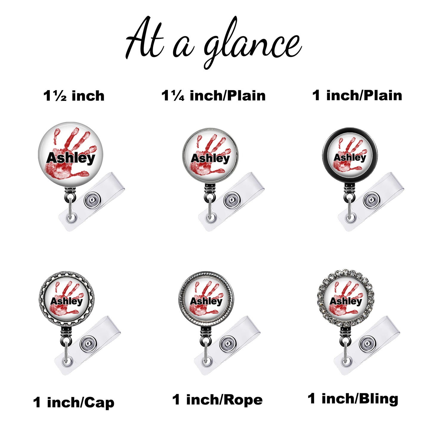 six different badge designs, each with a unique size and shape, and each featuring the name "Ashley" on it.