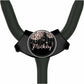 A black stethoscope with a personalized name badge attached to it.