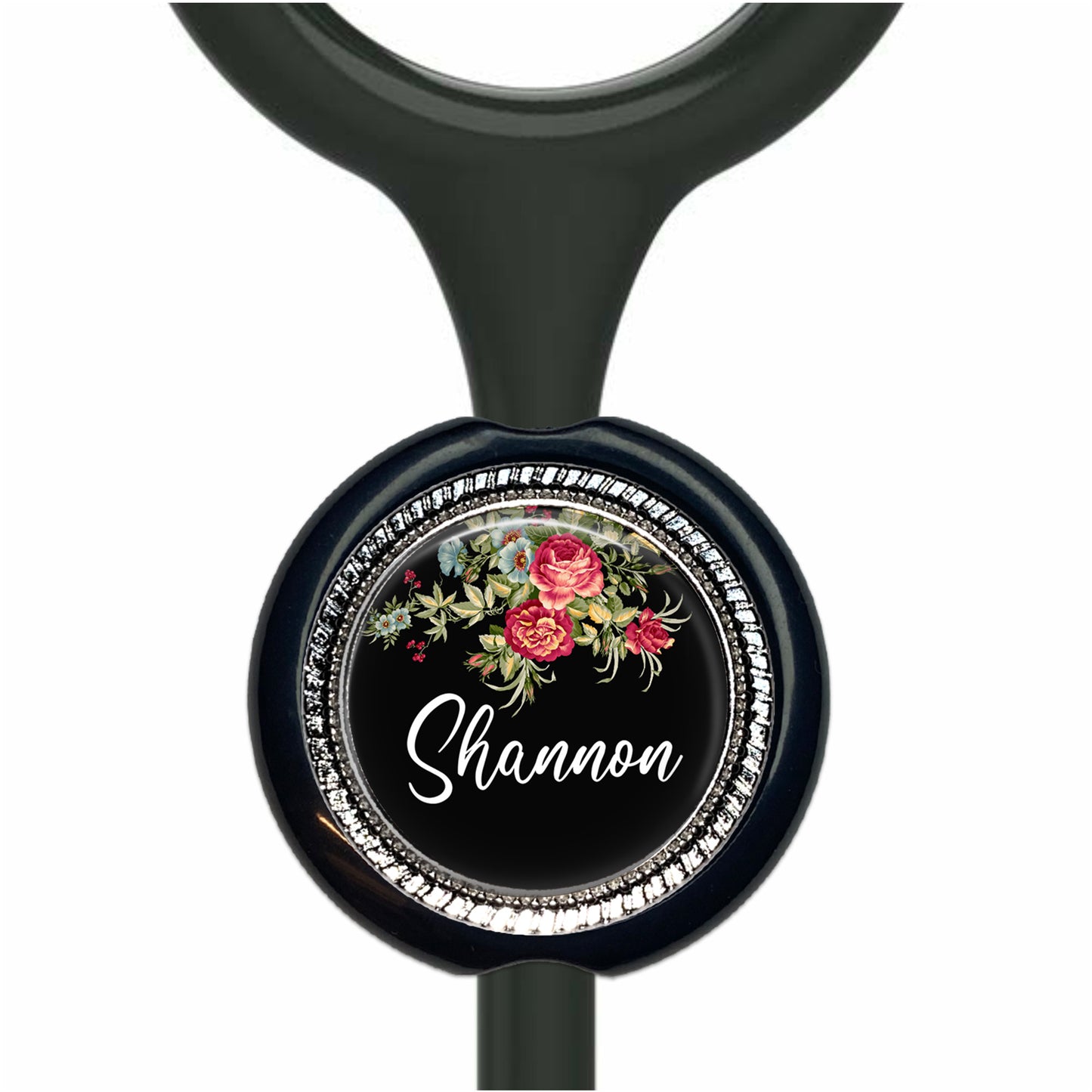 A black stethoscope with a floral design and the name "Shannon" written on it.