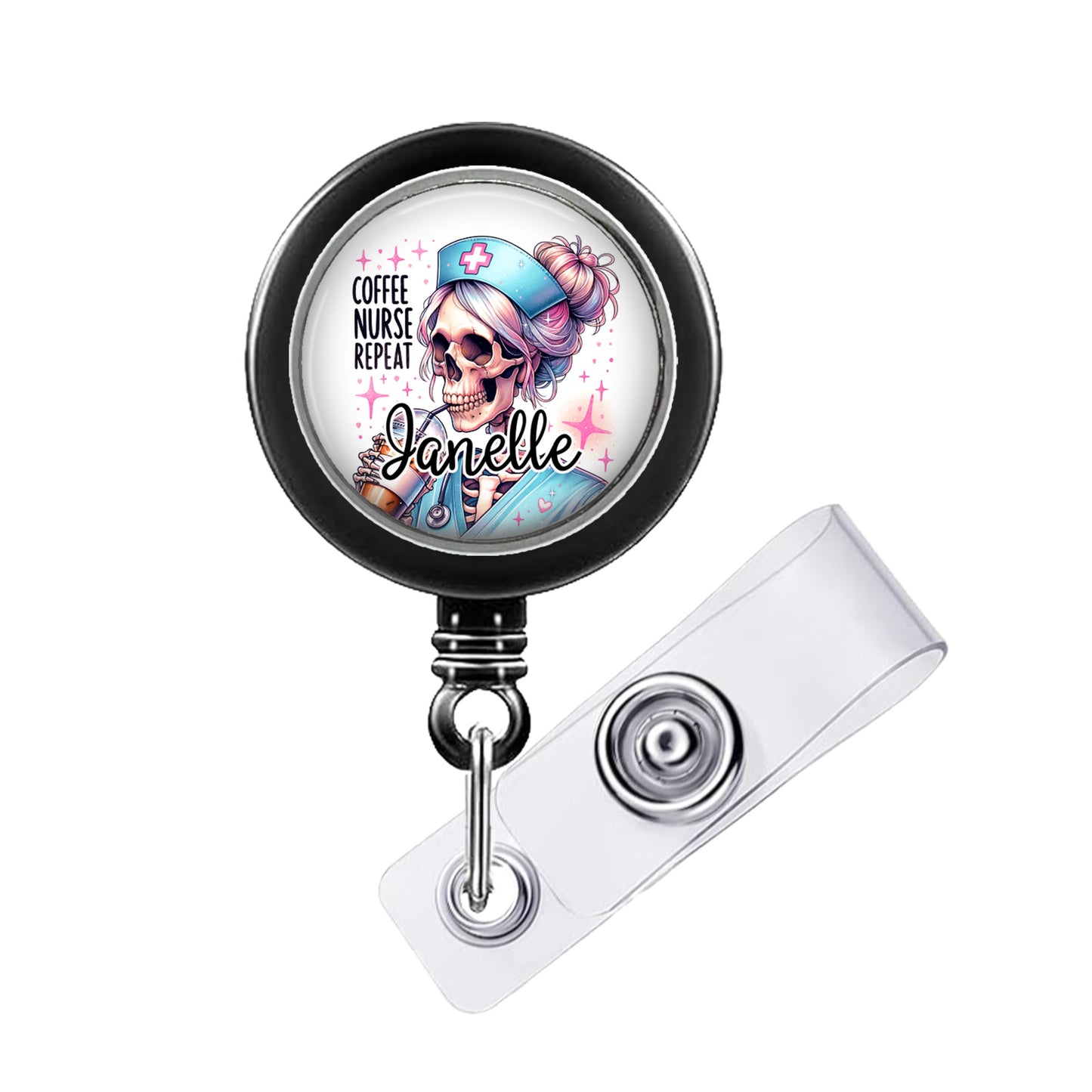 A black lanyard with a circular badge featuring a cartoon illustration of a skeleton wearing a nurse's outfit and the name "Janelle".