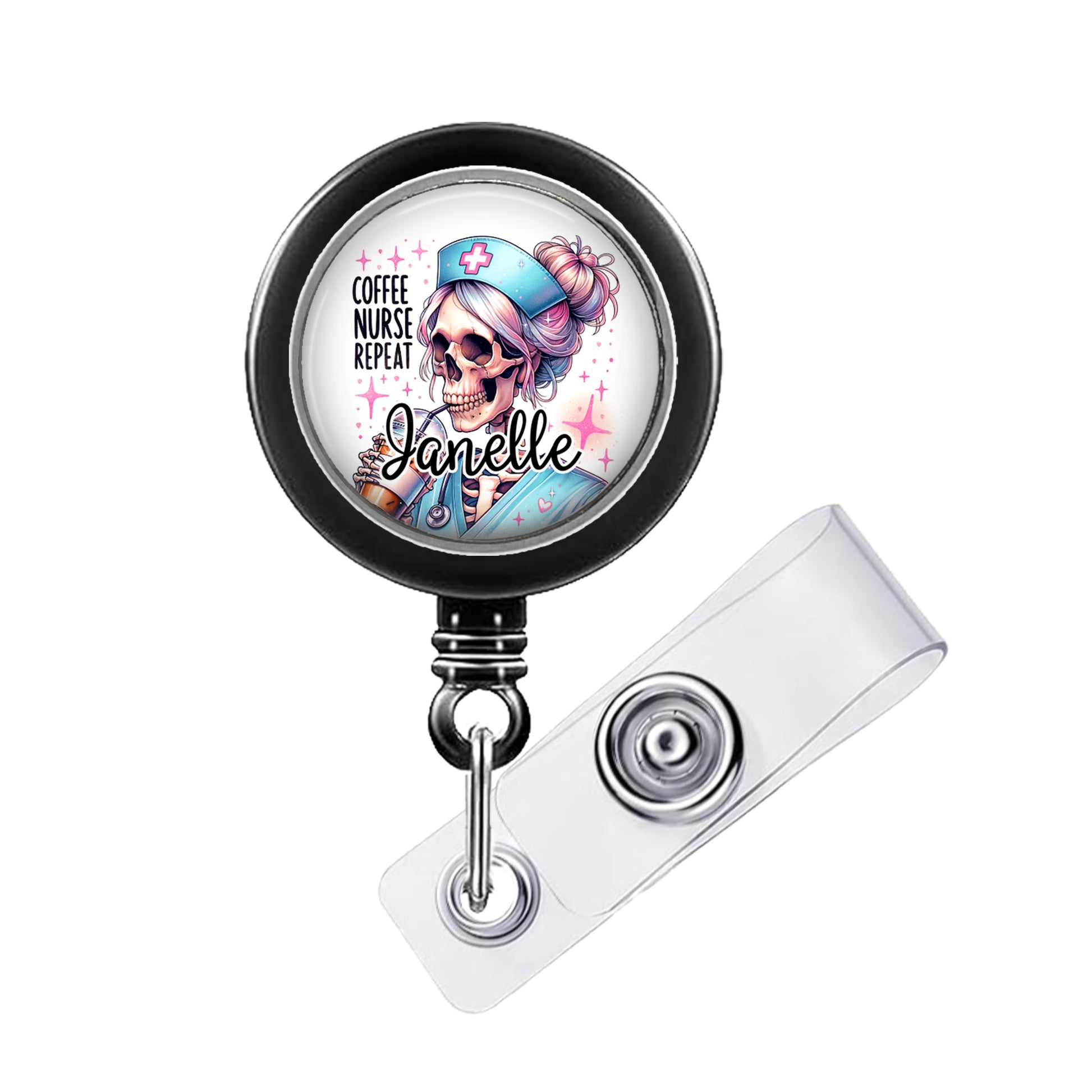 A black lanyard with a circular badge featuring a cartoon illustration of a skeleton wearing a nurse's outfit and the name "Janelle".