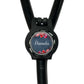 A black stethoscope with a round, personalized name badge attached to it.