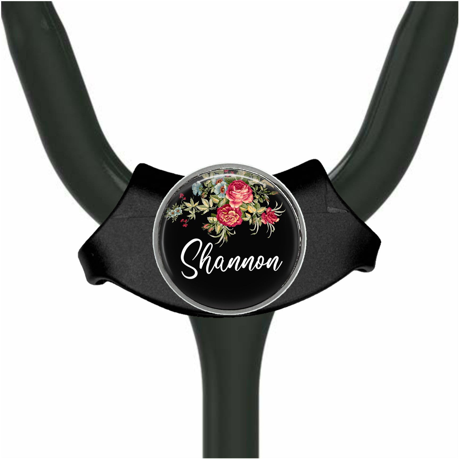 A black stethoscope with a round floral design on the front.