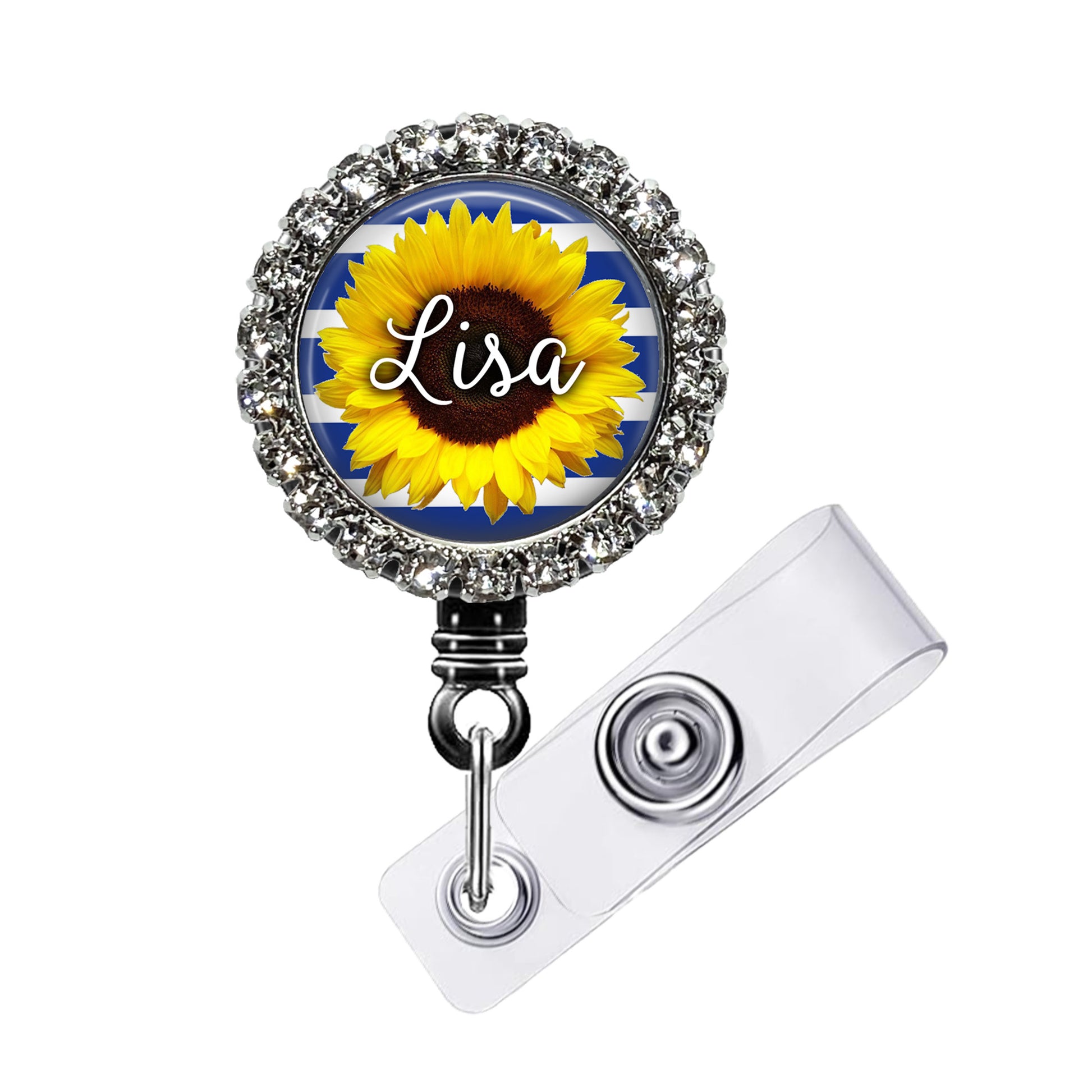 A personalized name badge with a sunflower design and a rhinestone-encrusted frame.