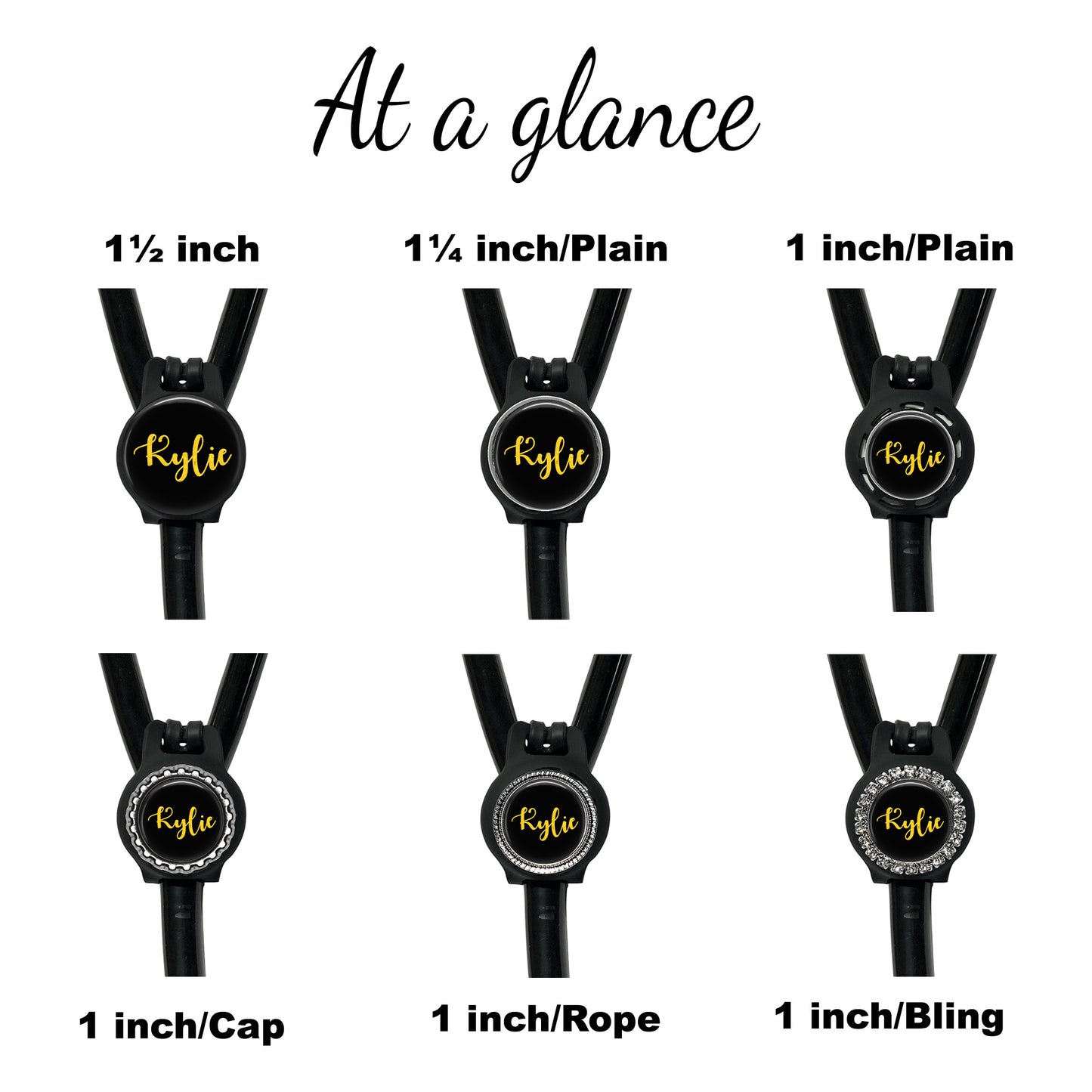 six black straps with the name "Rylie" printed on them in a stylized font. The straps are labeled with their corresponding size, either 1/inch/cap, 1/inch/Plain, 1 inch/Plain, 1 inch/Rope, 1 inch/Bling, or 1/inch/Cap.