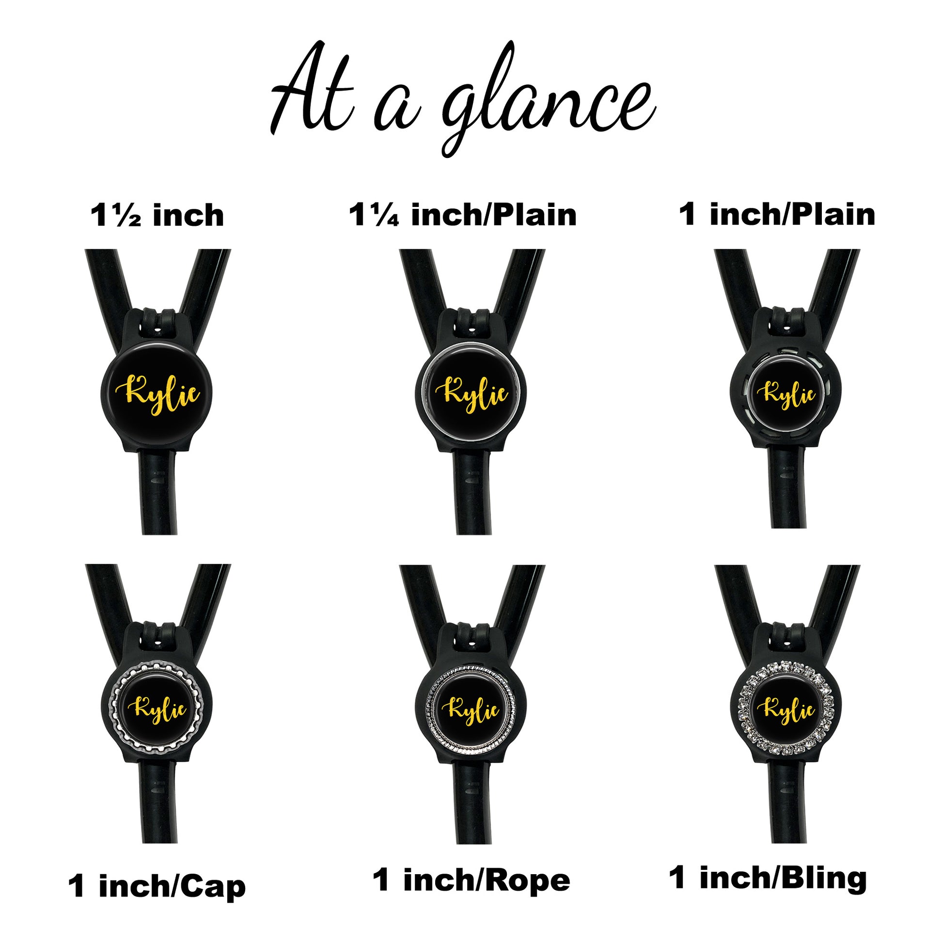 six black straps with the name "Rylie" printed on them in a stylized font. The straps are labeled with their corresponding size, either 1/inch/cap, 1/inch/Plain, 1 inch/Plain, 1 inch/Rope, 1 inch/Bling, or 1/inch/Cap.