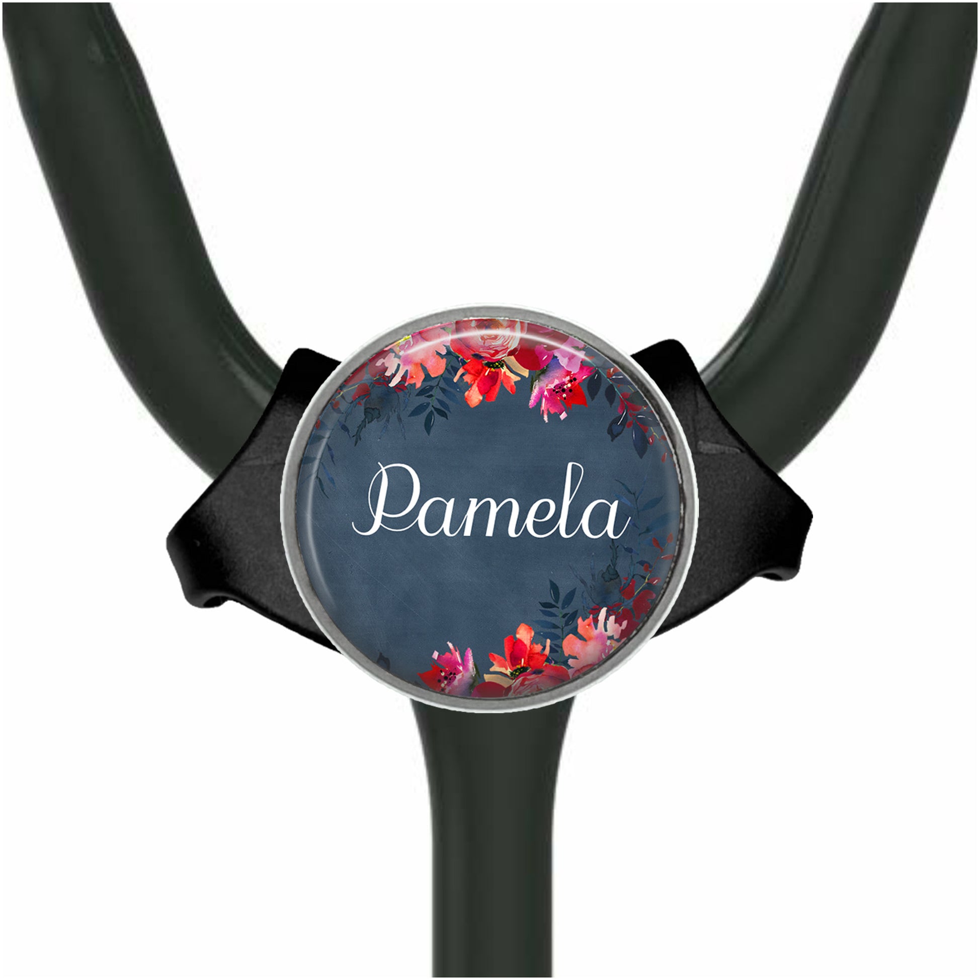 A stethoscope with a personalized nameplate attached to it.