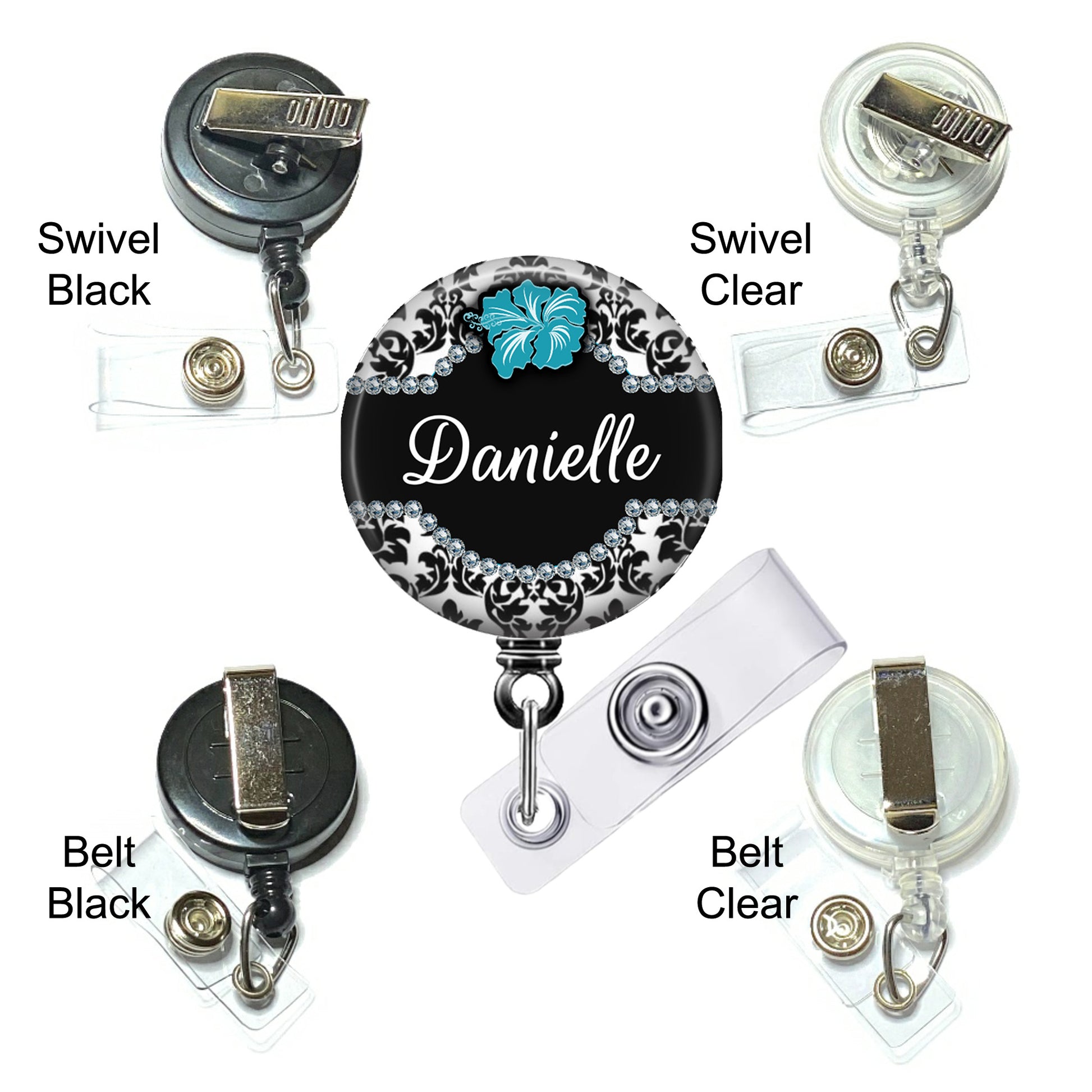 a variety of badge holders and swivel clips, each with different colors and designs.