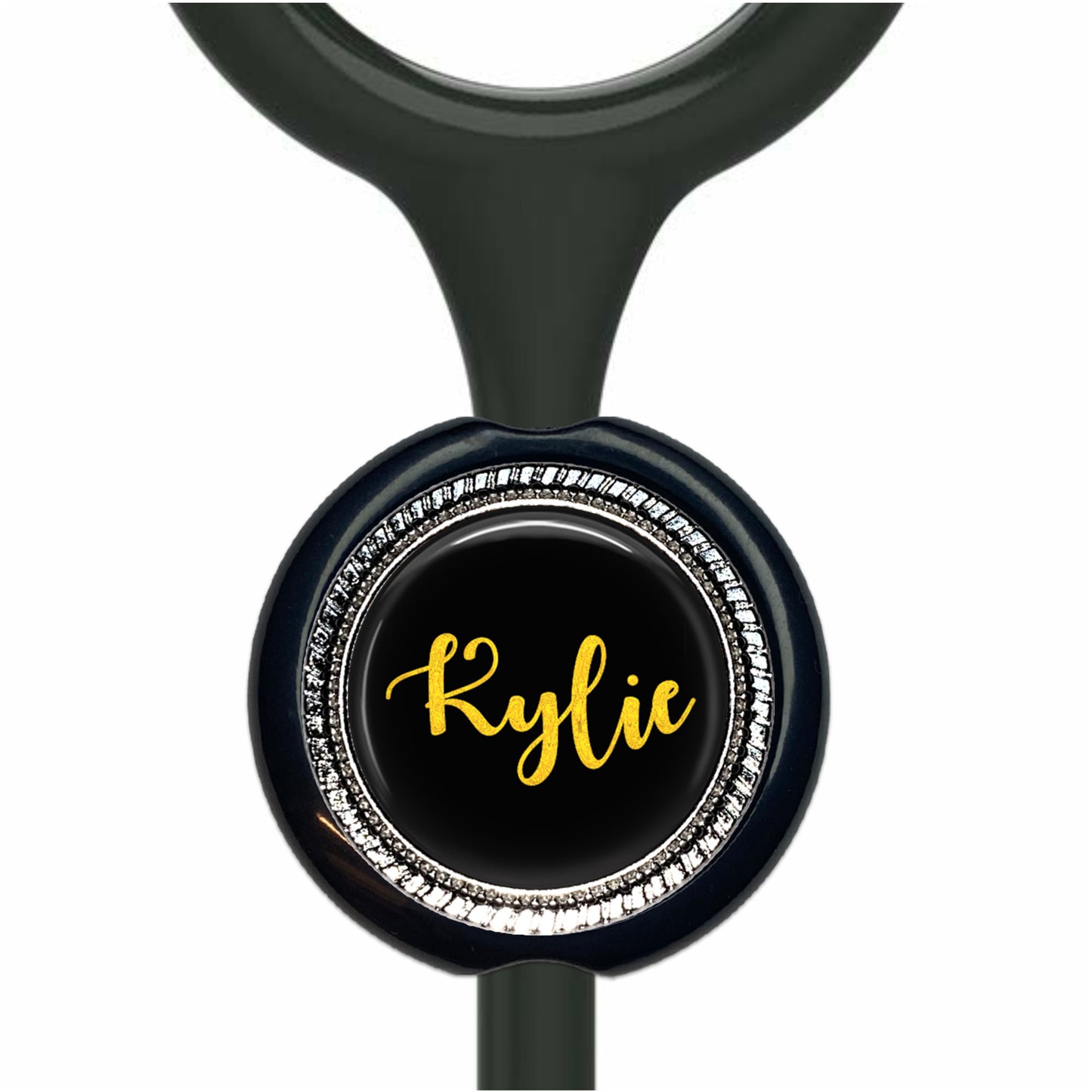 A black and silver stethoscope with a personalized name badge attached to it.
