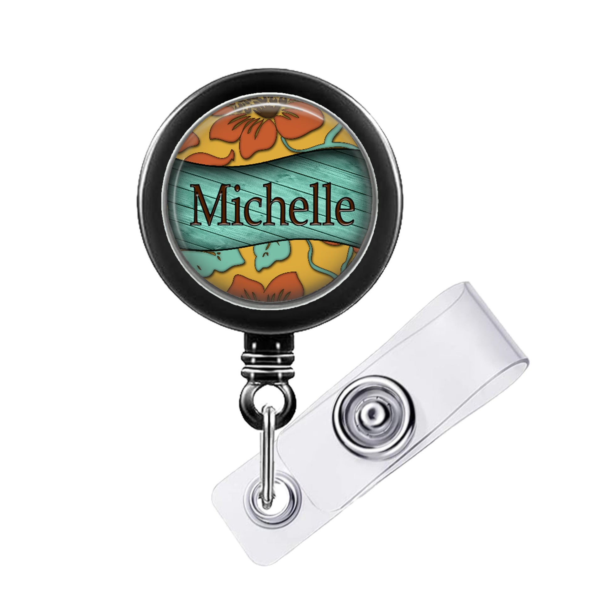 A round badge holder with a floral design and the name "Michelle" printed on it.