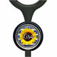 A black stethoscope with a round, personalized nameplate featuring a yellow sunflower.