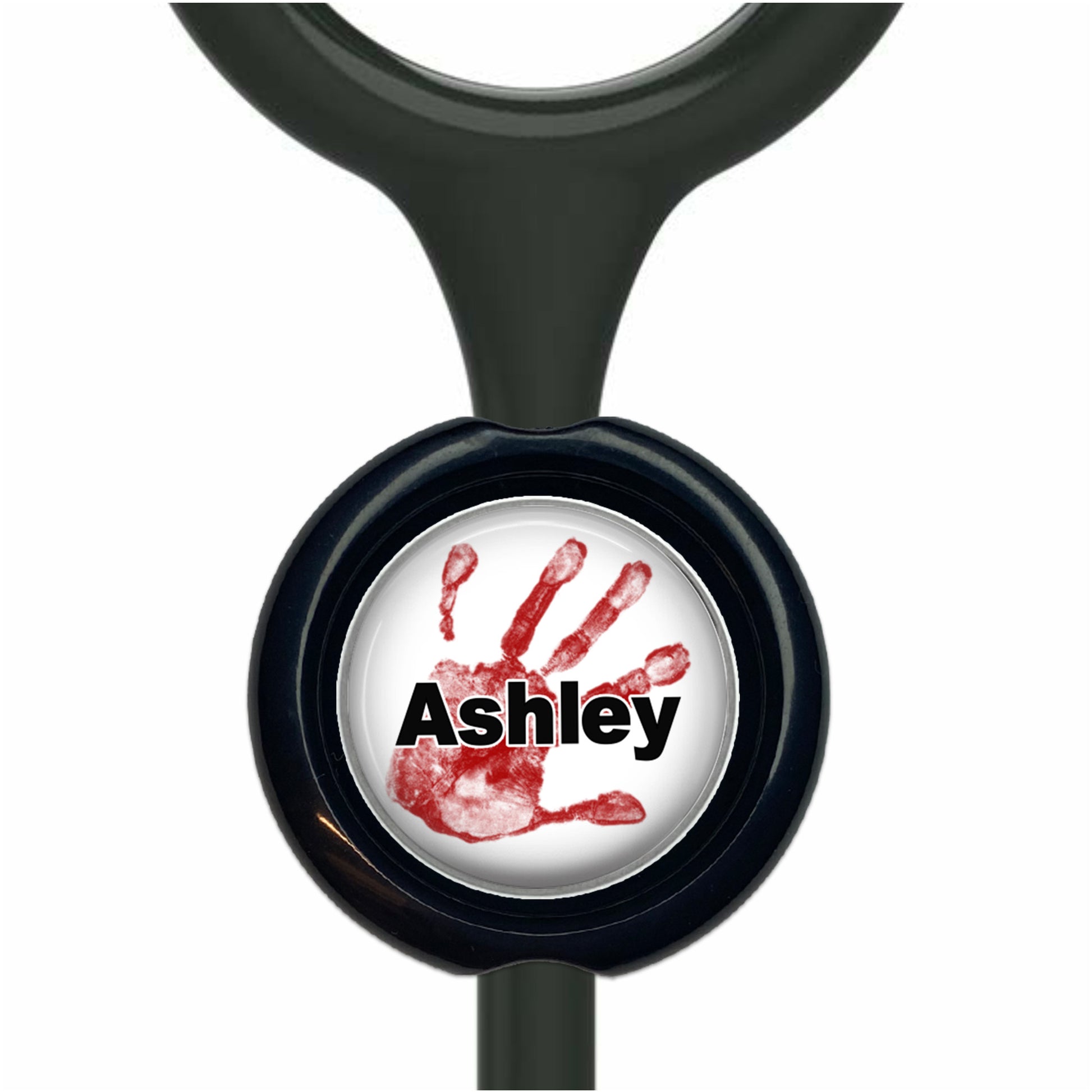 A black stethoscope with a round black and white handprint design featuring the name "Ashley" in bold black letters.